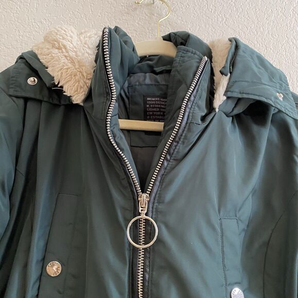 Steve Madden Womens Forest Green Faux Fur Lined‎ Hood Parka Coat Jacket Large - Picture 2 of 13